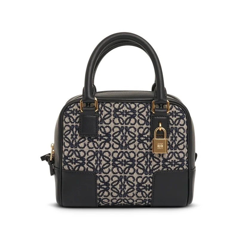 Women's Genuine Leather Bucket Bag in Chestnut Brown with Gold - Tone Hardware for a Sophisticated LookAmazona 16 Square Bag in Anagram Jacquard and Calfskin in Navy