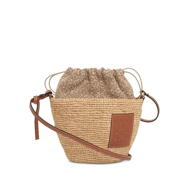 Women's Genuine Leather Bucket Bag in Chestnut Brown with Gold - Tone Hardware for a Sophisticated LookAnagram Pochette Basket Bag in Raffia Jacquard and Calfskin in Natural