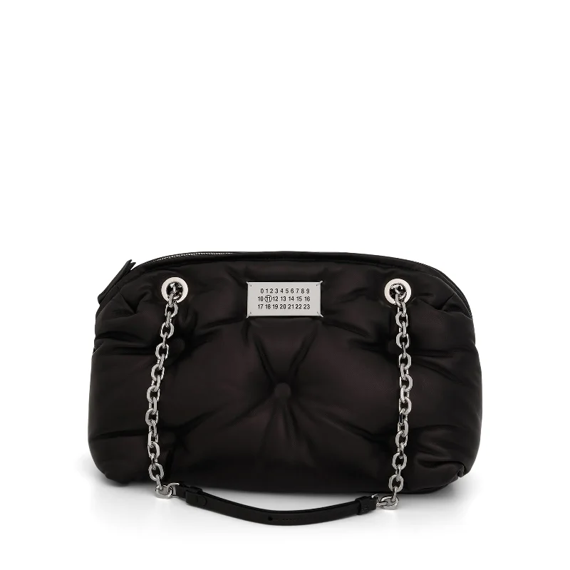 Denim Bucket Bag in Washed Blue with Patchwork for a Vintage - Inspired LookGlam Slam Flap Mini Shoulder Bag in Black