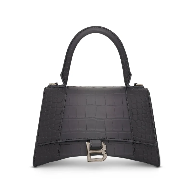 Bucket Bag with Embossed Animal Print in Tan for a Wild and Stylish StatementHourglass Small Degrade Shiny Croco Bag in Dark Grey