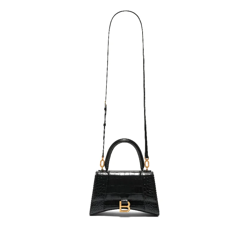 Velvet Bucket Bag in Emerald Green with Crystal - Embellished Strap for a Glamorous Night OutHourglass Small Croco Embossed Bag in Black with Gold Plague