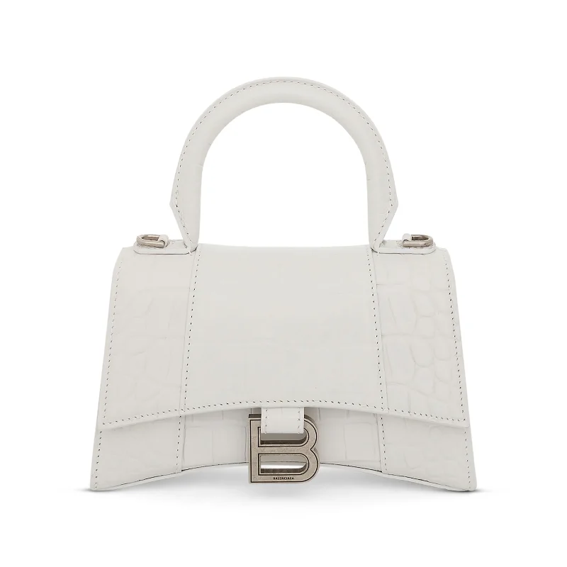 Linen Bucket Bag in Natural Beige with Braided Strap for a Rustic Summer EnsembleHourglass XS Croco Embossed Bag in White