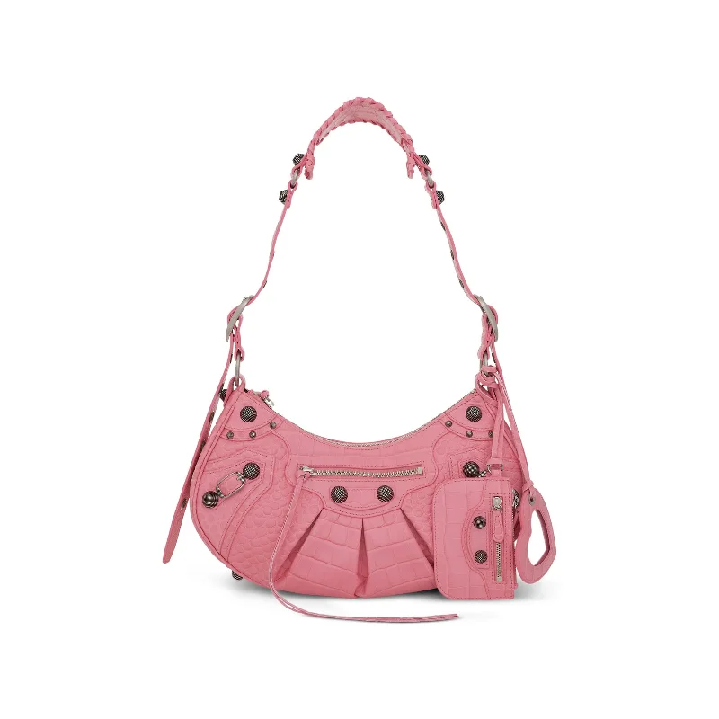 Canvas Bucket Bag in Navy Blue with Striped Interior for a Nautical - Inspired OutfitLe Cagole Embossed Croco Shoulder Bag Small in Sweet Pink