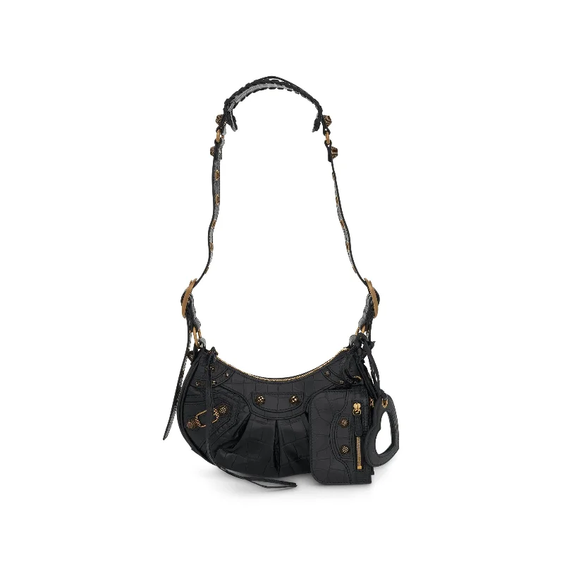 Women's Genuine Leather Bucket Bag in Chestnut Brown with Gold - Tone Hardware for a Sophisticated LookLe Cagole Embossed Croco Shoulder Bag XS in Black