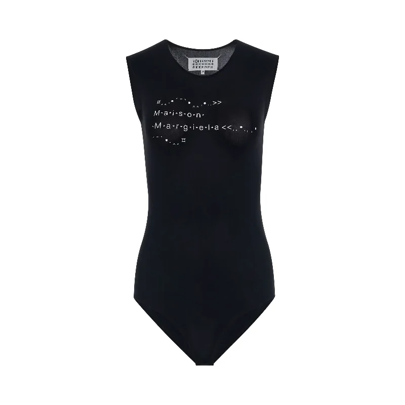 Canvas Bucket Bag in Navy Blue with Striped Interior for a Nautical - Inspired OutfitLogo Print Sleeveless Bodysuit in Black