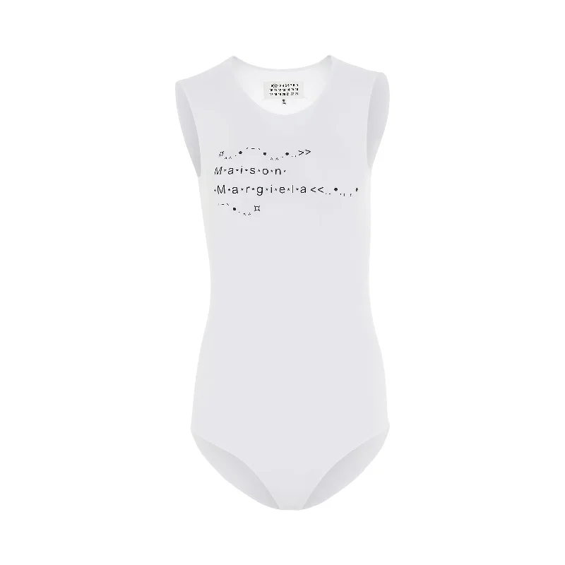 PVC Bucket Bag in Clear with Glitter Accents for a Fun and Edgy StyleLogo Print Sleeveless Bodysuit in White PVC Bucket Bag in Clear with Glitter Accents for a Fun and Edgy StyleLogo Print Sleeveless Bodysuit in White