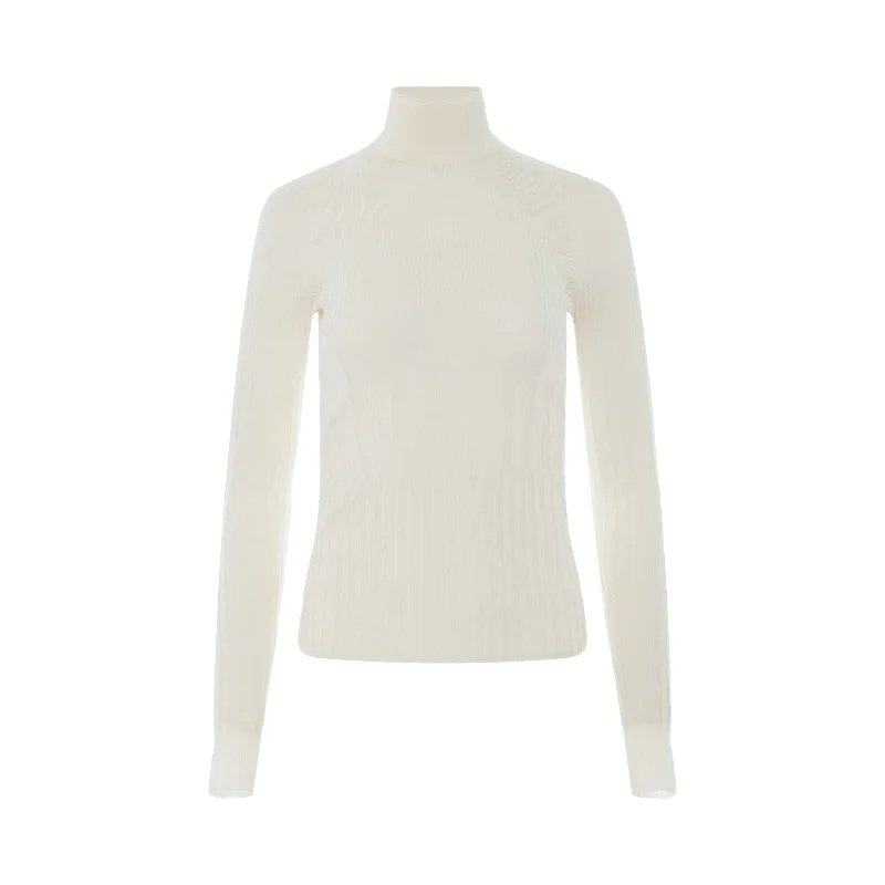 Satin Bucket Bag in Champagne with Rhinestone - Studded Logo for a Special OccasionLong Sleeve Cyclist Neck Ribbed Sweater in Ivory