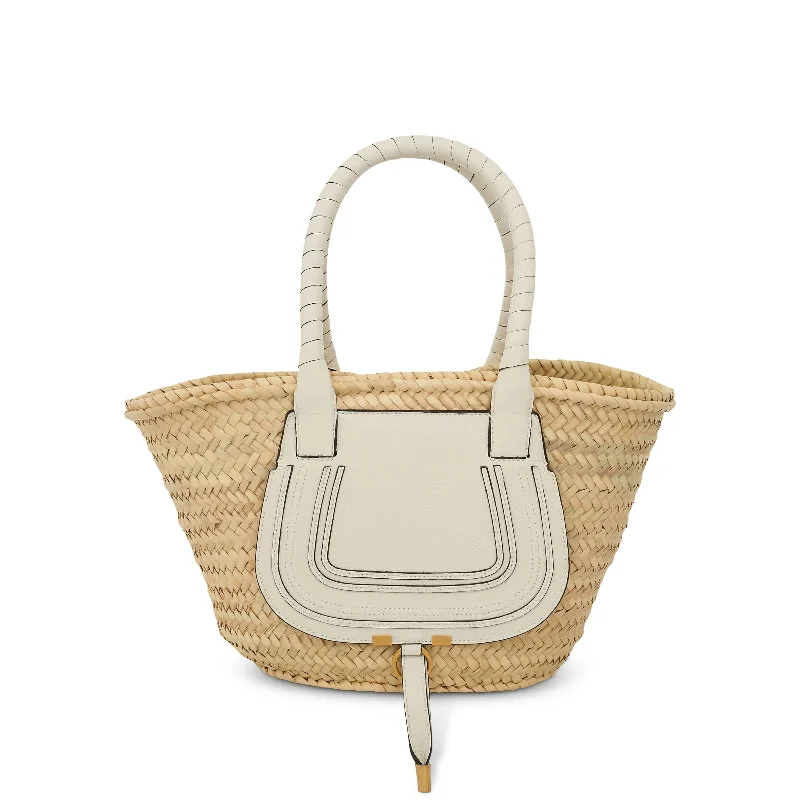 Canvas and Leather - Trimmed Bucket Bag in Beige for a Casual Weekend GetawayMedium Marcie Basket Bag in Raffia & Calfskin in White