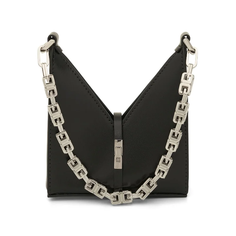 Denim Bucket Bag in Washed Blue with Patchwork for a Vintage - Inspired LookMicro Cut Out Bag in Box Leather in Black