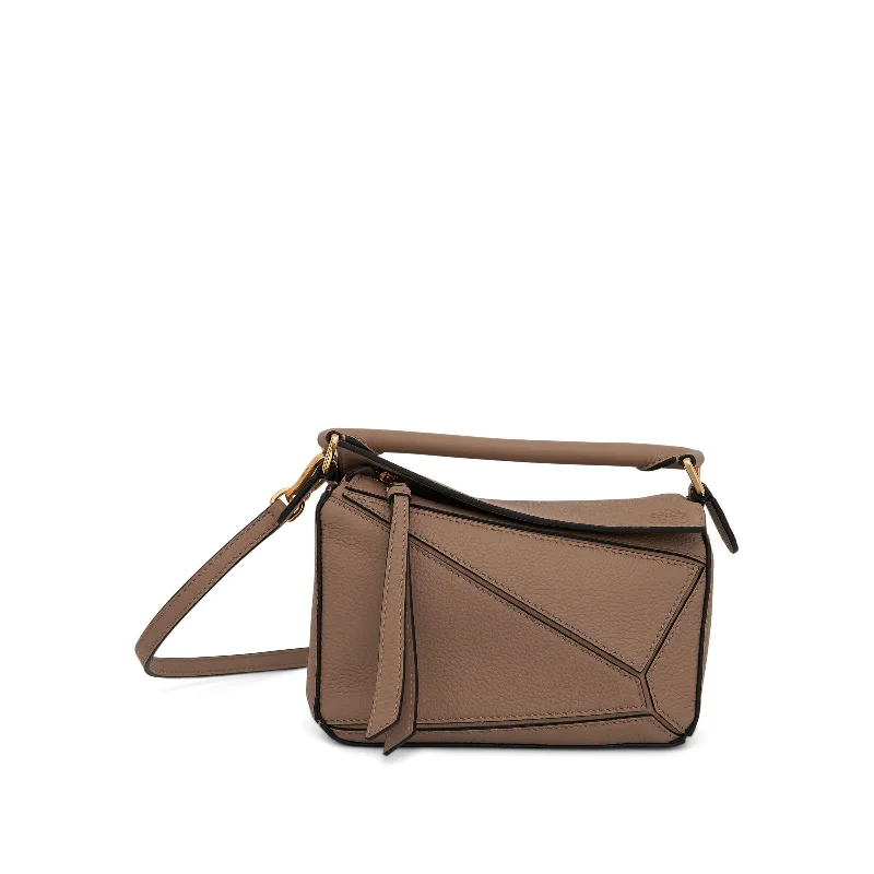 Women's Genuine Leather Bucket Bag in Chestnut Brown with Gold - Tone Hardware for a Sophisticated LookMini Puzzle Bag in Soft Grained Calfskin in Sand