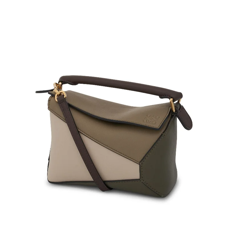 Bucket Bag with Embossed Animal Print in Tan for a Wild and Stylish StatementMini Puzzle Edge in Nappa Calfskin in Laurel Green