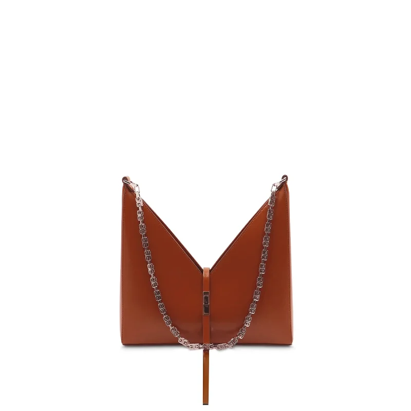 Canvas and Leather - Trimmed Bucket Bag in Beige for a Casual Weekend GetawaySmall Cut Out Bag with Chain in Box Leather in Chestnut