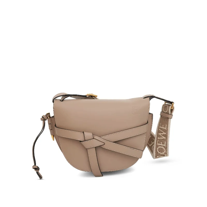 Denim Bucket Bag in Washed Blue with Patchwork for a Vintage - Inspired LookSmall Gate Bag in Soft Calfskin and Jacquard Strap in Sand