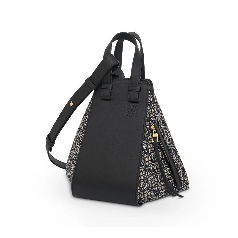 Women's Quilted Bucket Bag in Black with Silver Hardware for a Classic and Timeless StyleSmall Hammock Bag in Anagram Jacquard and Calfskin in Navy