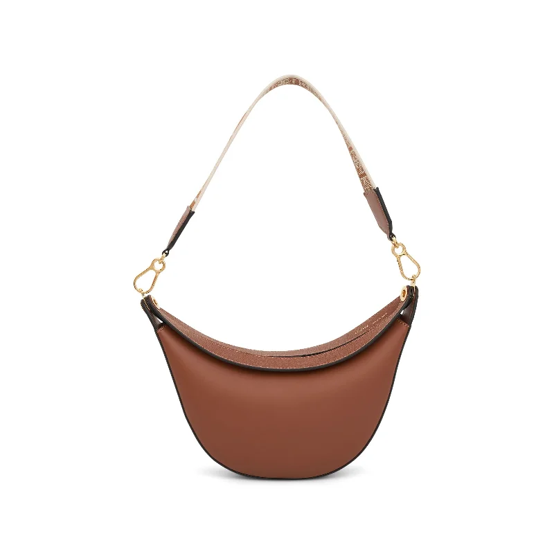 Canvas Bucket Bag in Navy Blue with Striped Interior for a Nautical - Inspired OutfitSmall Loewe Luna Bag in Satin Calfskin and Jacquard Strap in Pecan