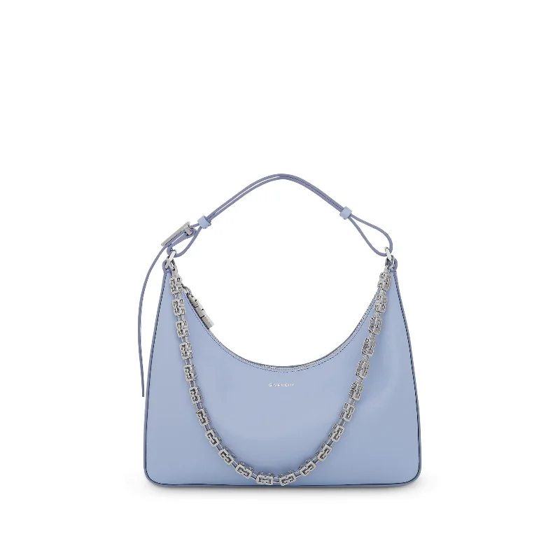 Metallic Bucket Bag in Rose Gold with Chain Strap for a Trendy Party LookSmall Moon Cut Out Bag in Calf Leather in Baby Blue