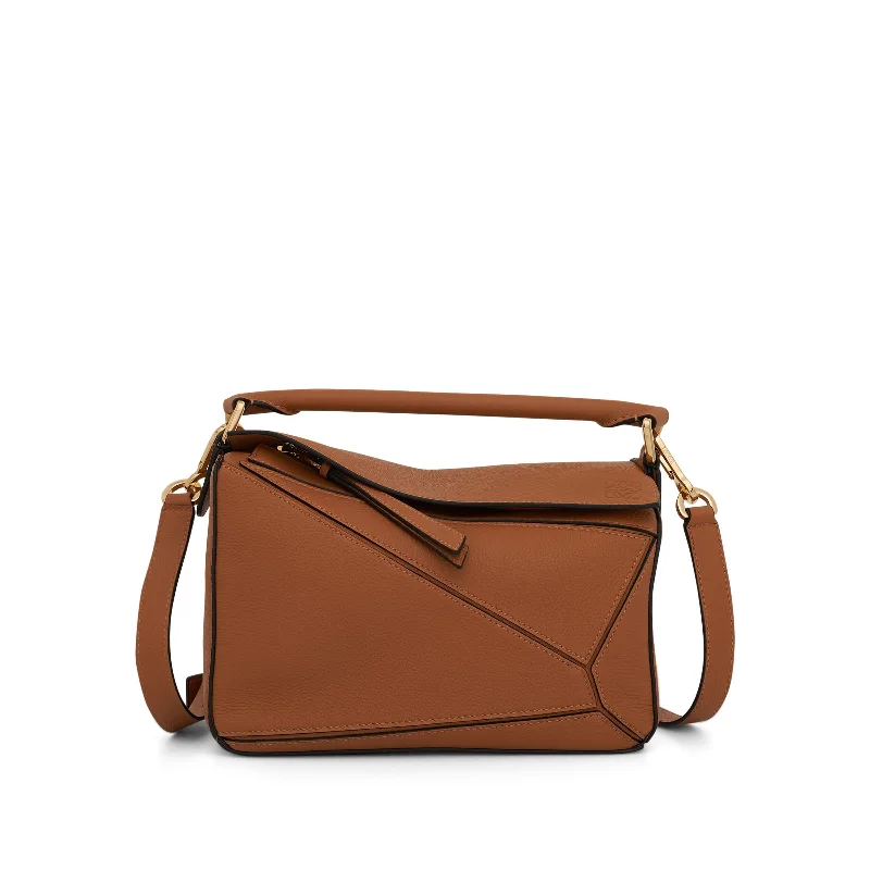 Women's Bucket Bag with Magnetic Closure in Purple for Easy AccessSmall Puzzle Bag in Soft Grained Calfskin Leather in Light Caramel