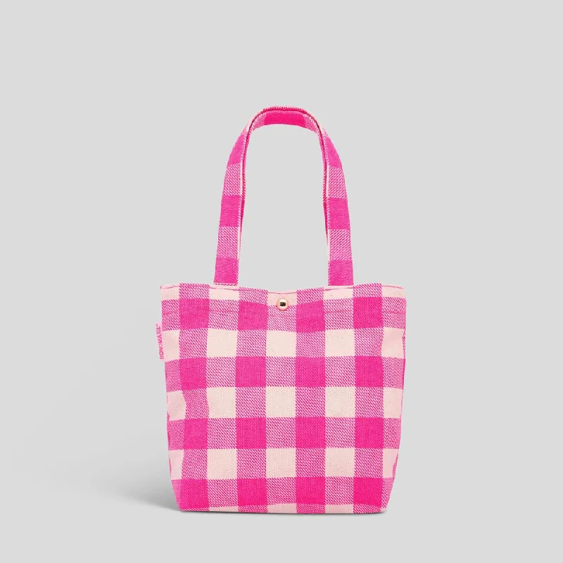 Embroidered Tote Bag in Beige with Floral Motifs for a Boho - Chic VibeMini Bonnie Tote Bag -- Neon Pink Gingham