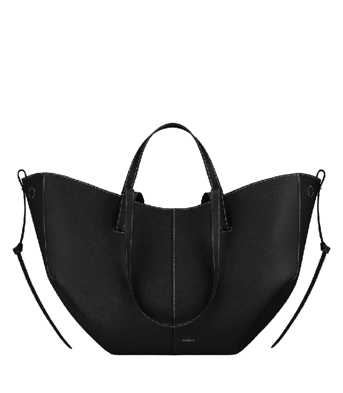 Faux Fur - Trimmed Tote Bag in White for a Cozy Winter LookCyme - Textured Black with Ecru Stitching