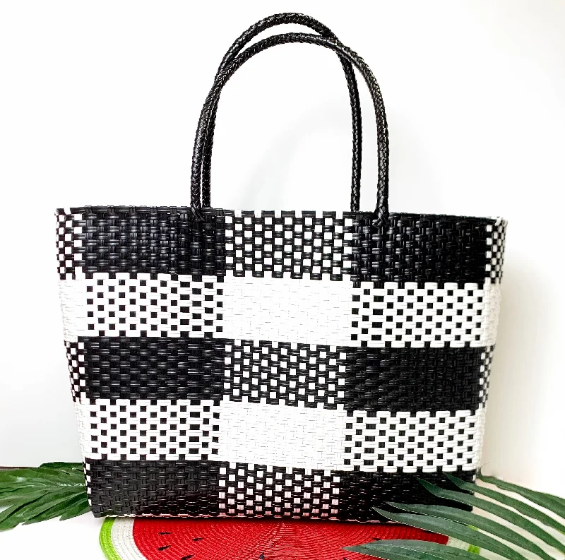 Medium - Sized Canvas Tote Bag in Navy Blue with Striped Pattern for a Nautical - Inspired LookGarden Party Gingham Tote Bag in Black and White Medium - Sized Canvas Tote Bag in Navy Blue with Striped Pattern for a Nautical - Inspired LookGarden Party Gingham Tote Bag in Black and White
