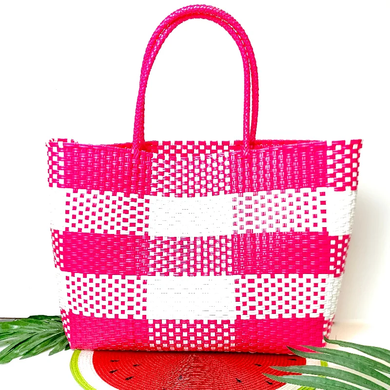 Women's Tote Bag with Zipper Closure in Red for Secure StorageGarden Party Gingham Tote Bag in Neon Pink and White