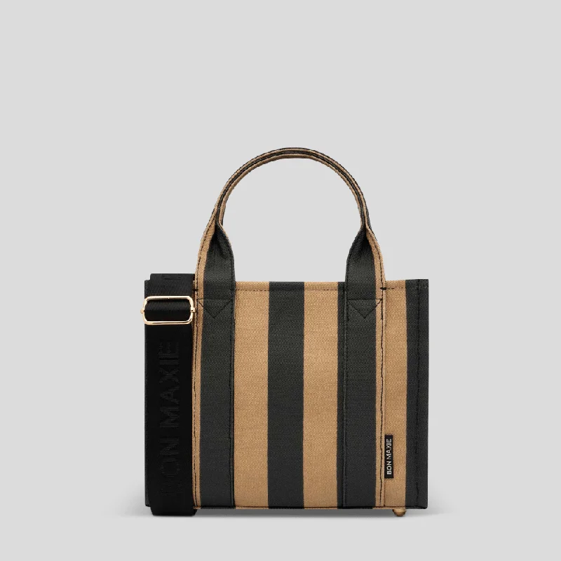 Women's Printed Tote Bag in Floral Patterns for a Spring - Themed Shopping Trip*SECONDS* Micro Bon Vivant Structured Tote Bag -- Black/Tan Stripe
