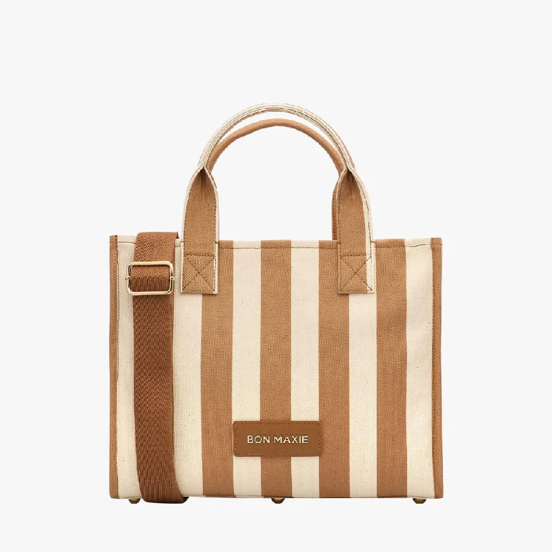 Women's Tote Bag with Detachable Pouch in Purple for Added ConvenienceSmall Bon Vivant Structured Tote Bag -- Mini Tote Tan Stripe