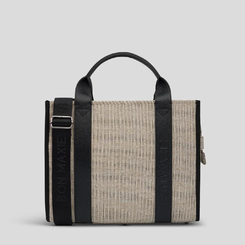 Large Capacity Genuine Leather Women's Tote Bag in Black for Work and CommutingSmall Structured Tote Bag with Leather -- Mini Tote Jute Canvas Black Leather