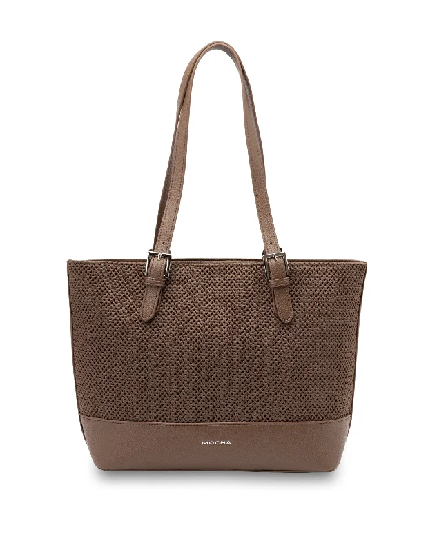 Large Capacity Genuine Leather Women's Tote Bag in Black for Work and CommutingMocha Layla Knitted Tote Bag - Walnut