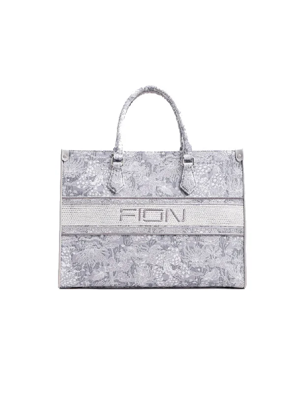Women's Tote Bag with Inner Compartments in Gray for Organizing Everyday EssentialsMoonlight Jacquard with Leather Large Tote bag