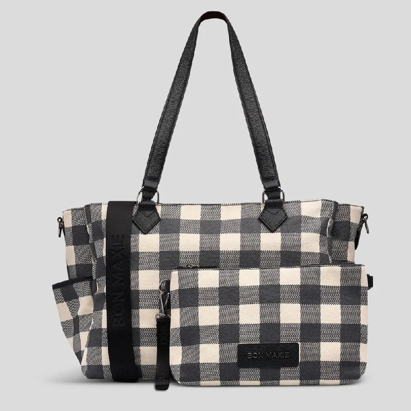 Women's Printed Tote Bag in Floral Patterns for a Spring - Themed Shopping TripCarryall Tote + Pouch --  Black Gingham