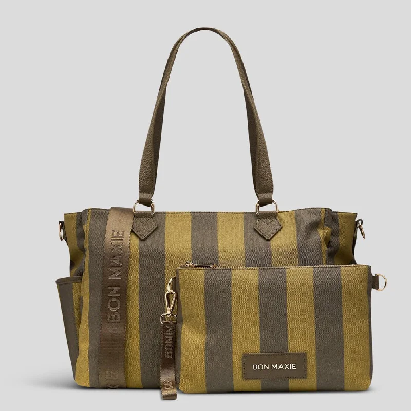 Embroidered Tote Bag in Beige with Floral Motifs for a Boho - Chic VibeCarryall Tote + Pouch -- Khaki Stripe