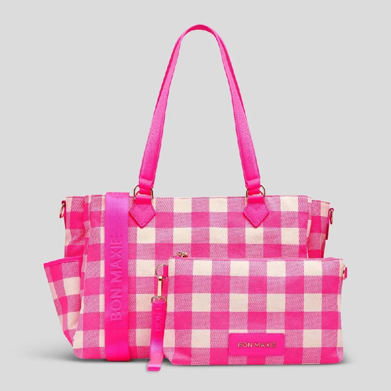 Tote Bag with Adjustable Shoulder Strap in Olive Green for Comfortable CarryingCarryall Tote + Pouch -- Neon Pink Gingham