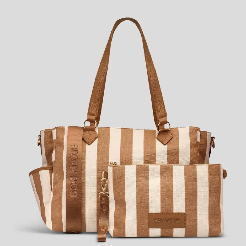 Faux Fur - Trimmed Tote Bag in White for a Cozy Winter LookCarryall Tote + Pouch -- Tan Stripe