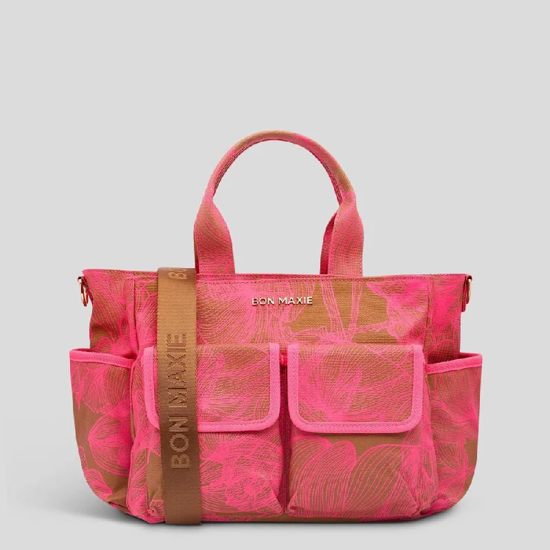 Faux Fur - Trimmed Tote Bag in White for a Cozy Winter LookMulti-Pocket Nappy Bag -- Neon Pink/Tan Floral