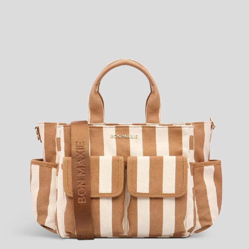 Women's Printed Tote Bag in Floral Patterns for a Spring - Themed Shopping TripMulti-Pocket Nappy Bag -- Tan Stripe