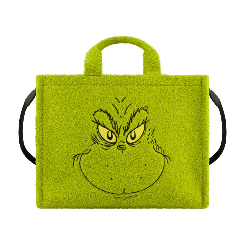 Faux Fur - Trimmed Tote Bag in White for a Cozy Winter LookGrinch Big Face Sherpa Travel Tote with Trolly Strap