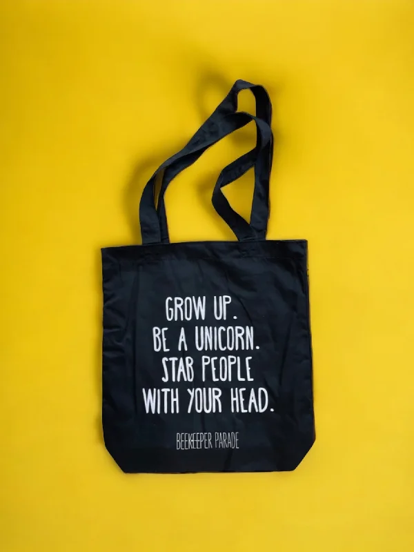 Women's Tote Bag with Magnetic Closure in Orange for Easy Access on the GoThe "Grow up. Be a Unicorn 🦄" Quote Tote Large (Black Canvass)