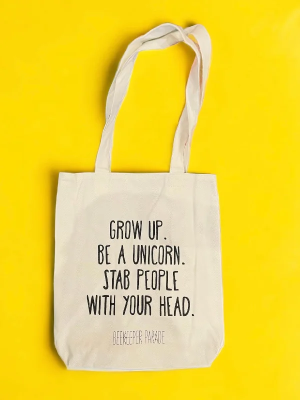 Women's Tote Bag with Zipper Closure in Red for Secure StorageThe "Grow up. Be a Unicorn 🦄" Quote Tote Large (White Canvass)