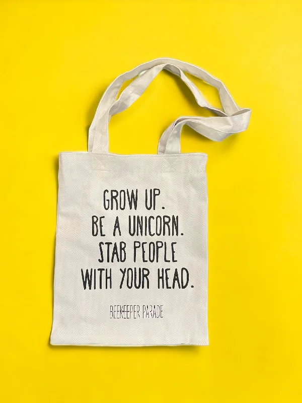 Women's Tote Bag with Detachable Pouch in Purple for Added ConvenienceThe "Grow up. Be a Unicorn 🦄 " Quote Tote Medium (White Canvass)