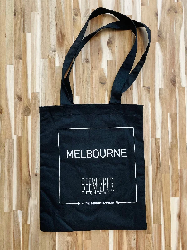 Medium - Sized Canvas Tote Bag in Navy Blue with Striped Pattern for a Nautical - Inspired LookThe "Melbourne 🐨" Quote Tote Medium (Black Canvass)