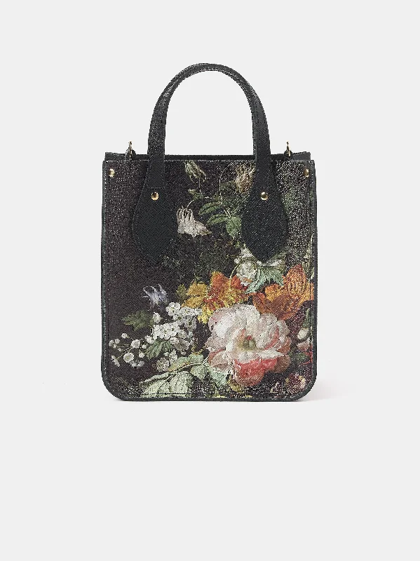 Oversized Jute Tote Bag in Natural Color with Rope Handles for a Beach VacationThe Mini Tote - Black Saffiano with Flowers in a Vase