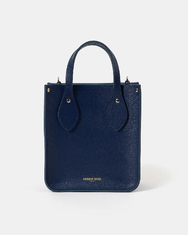 Oversized Jute Tote Bag in Natural Color with Rope Handles for a Beach VacationThe Mini Tote - Blueberry Saffiano