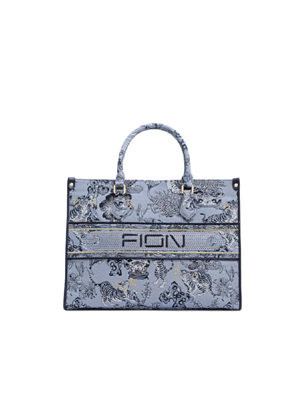 Women's Tote Bag with Magnetic Closure in Orange for Easy Access on the GoZishi Tiger Jacquard with Leather Tote Bag
