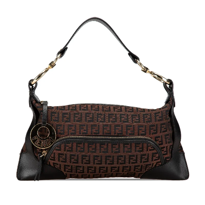 Women's Canvas Shoulder Bag in Navy with Striped Pattern for Beach TripsBrown Fendi Zucchino Canvas Chef Pocket Shoulder Bag