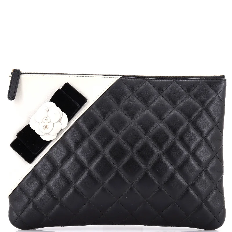 Leather Clutch with Chain Strap in Black for Cocktail PartiesCamellia O Case Clutch Quilted Lambskin Medium