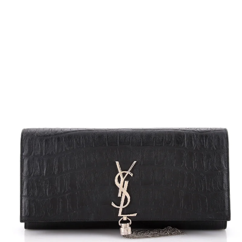 Suede Clutch with Tassel Details in Olive for Fall SoireesClassic Monogram Tassel Clutch Crocodile Embossed Leather Long