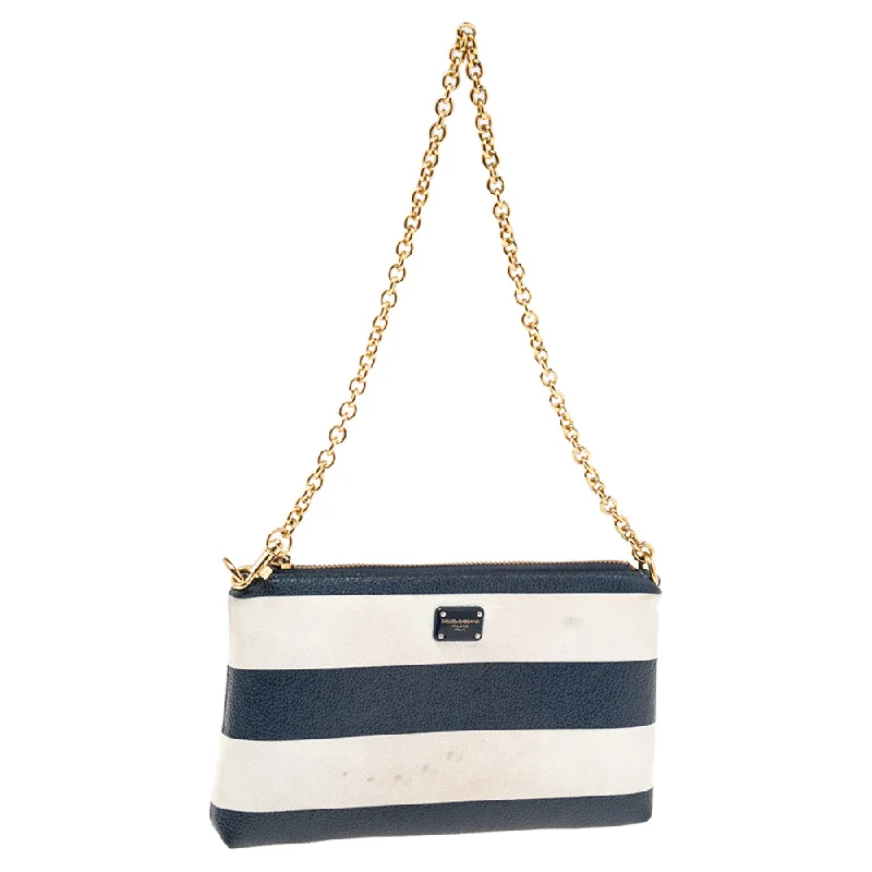 Women's Monogrammed Leather Clutch in Tan for Personalized StyleDolce & Gabbana Blue/white Striped Leather Chain Pouch..