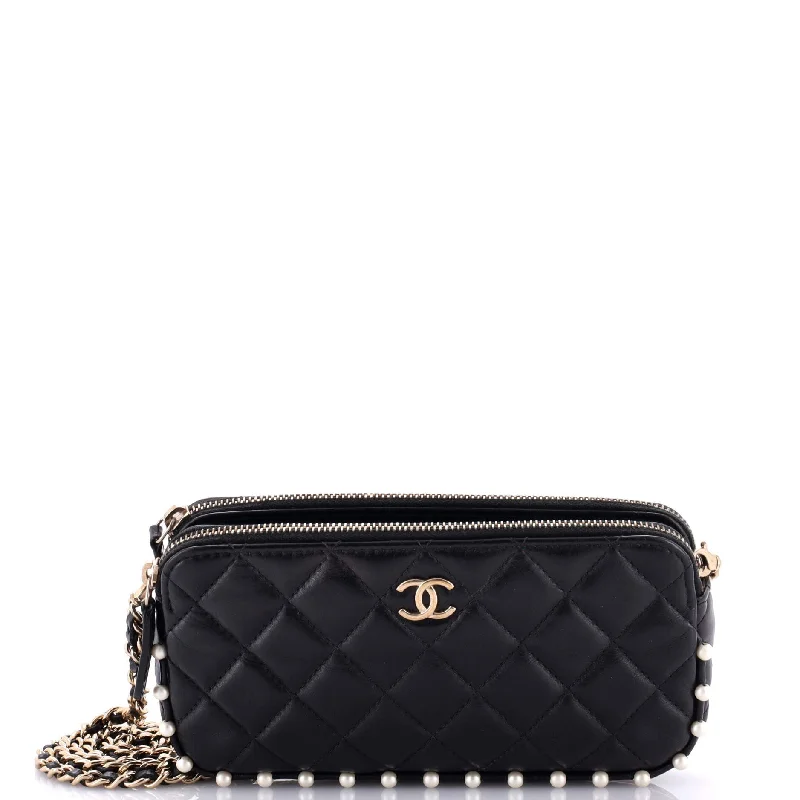 Women's Small Beaded Clutch in Silver for New Year's Eve PartyDouble Zip Clutch with Chain Quilted Calfskin with Pearl Detail