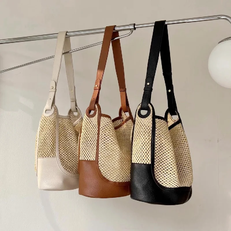 Leather Shoulder Bag with Magnetic Closure in Black for Quick AccessElena Handbags Straw Woven Work Shoulder Bag with Leather Accent